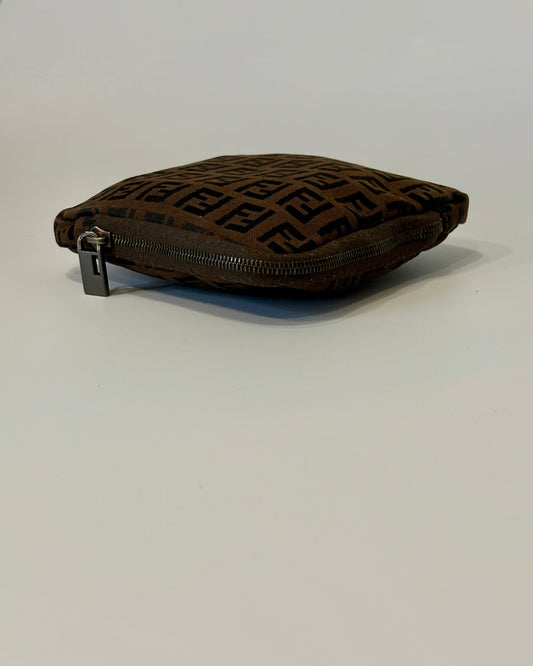 Fendi brown zip pouch featuring the iconic FF monogram pattern