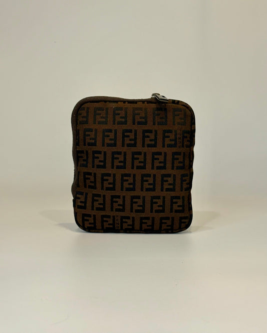 Fendi brown zip pouch featuring the iconic FF monogram pattern