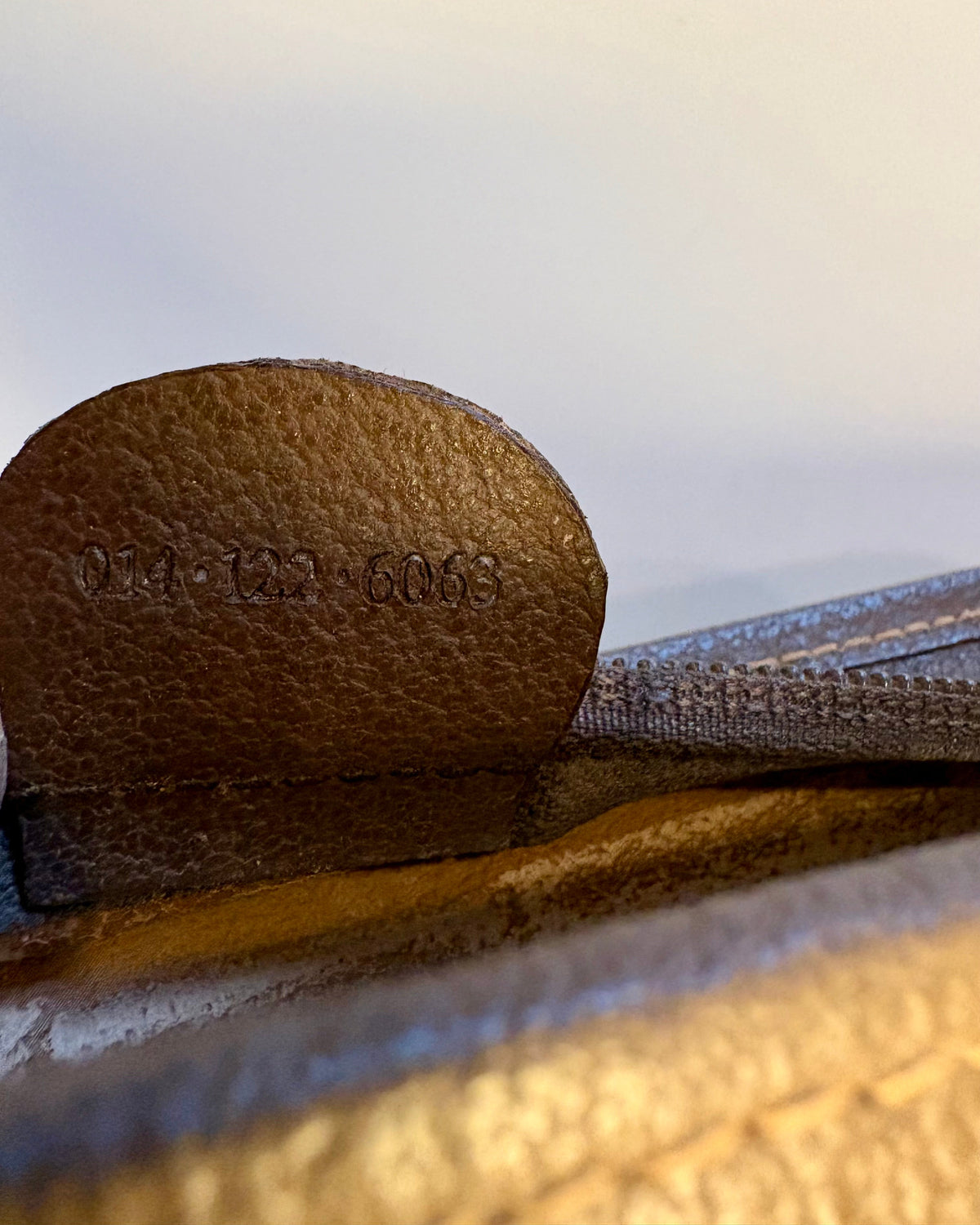 Detail photo of the Gucci serial number 014·123·6063 inside the vintage GG Supreme pouch.